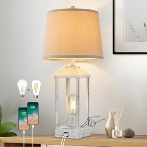 Rustic White Table Lamp with USB Ports